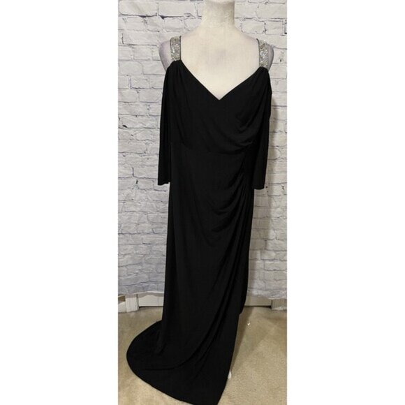 R&M Richards Womens Rhinestone Black Ruched Evening Dress Plus Size 16W - Picture 2 of 12